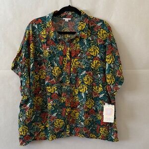 Lularoe Amy Floral Shirt Size L Tropical Cap Sleeve Oversized Boxy Button Shirt